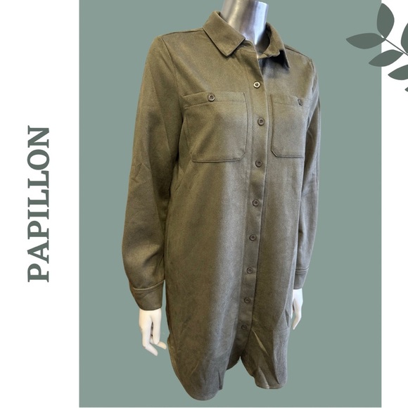 Papillon Shirt Dress Long Sleeve Button Front Faux Suede Microfiber Green Sz XS - Picture 3 of 8